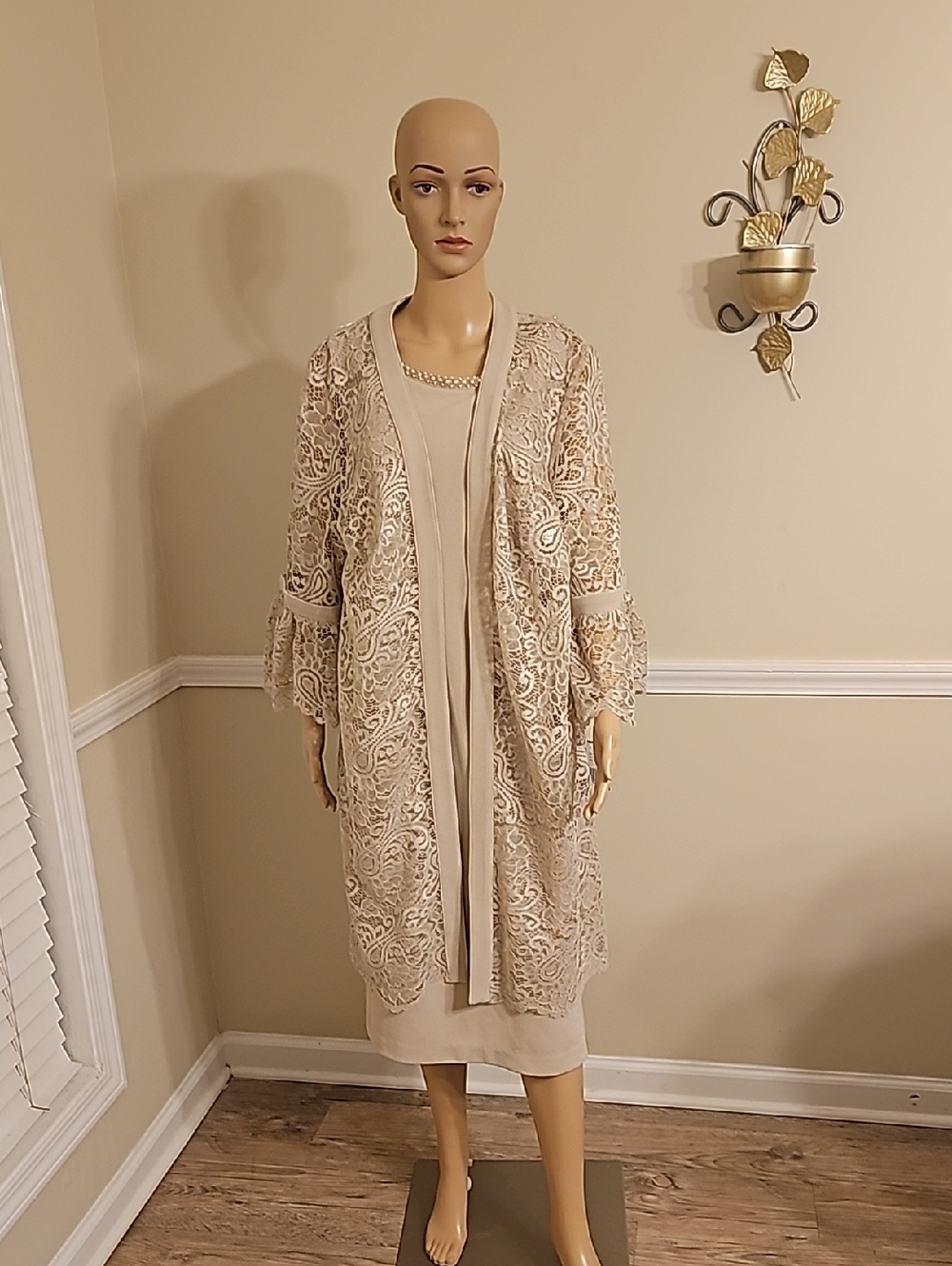 Elegant Beige Lace Overlay Women's Dress Set